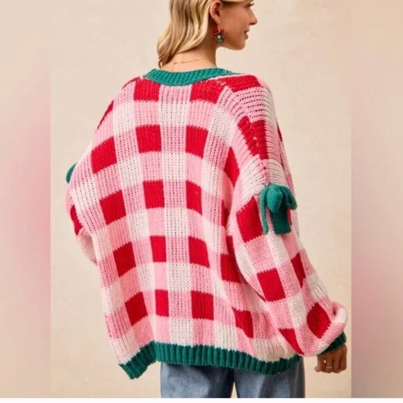 BiBi Checkered Plaid Bow Red and Green Chunky Cardigan Holiday Christmas NEW - Picture 2 of 3